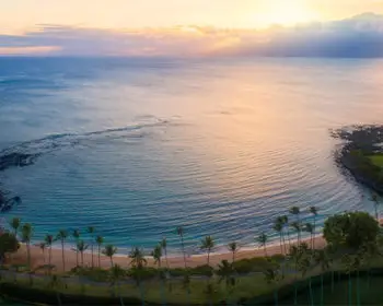 Aerial shot of Kapalua Bay in Maui during sunset.