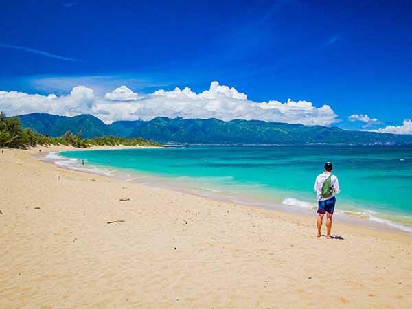 Baldwin beach on a sunny day, a beautiful long white-sand beach on Maui's North Shore. 