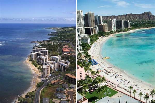 Aerial views of Lahaina and Honolulu, comparing the two islands. 