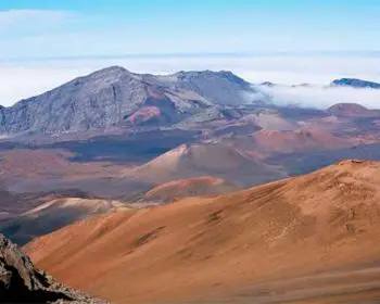 The shield volcano Haleakala forms an arid landscape and over 75 percent of Maui's landmass.