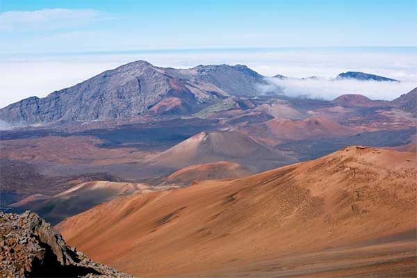 The shield volcano Haleakala forms an arid landscape and over 75 percent of Maui's landmass.