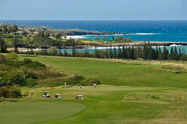 A picture of a golf course near the shore in Kapalua, Maui. 
