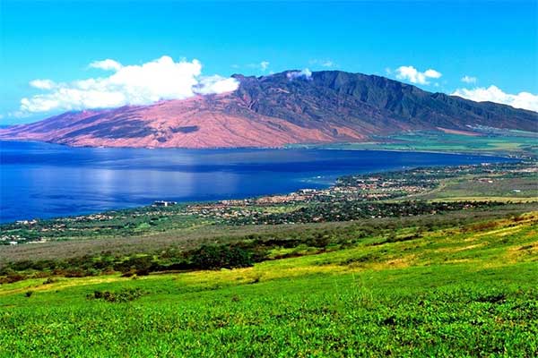 A view of Upcountry, Maui, with Haleakala in the distance.