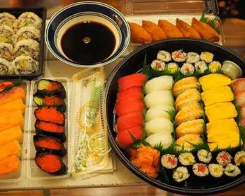 A serving plate of various sushi.
