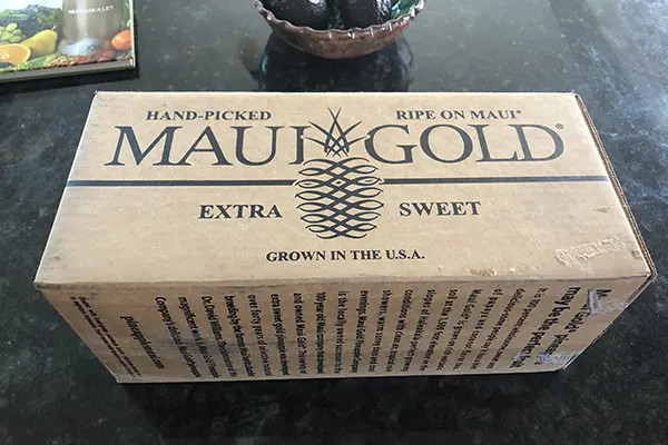 Maui Gold Pineapple box on kitchen counter. 