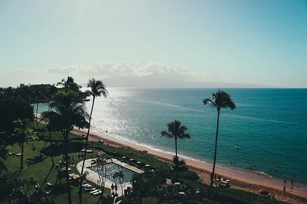 Aerial view of beach and ocean.