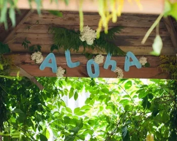 The word Aloha in lettering across gazebo wall with vegetation behind it.