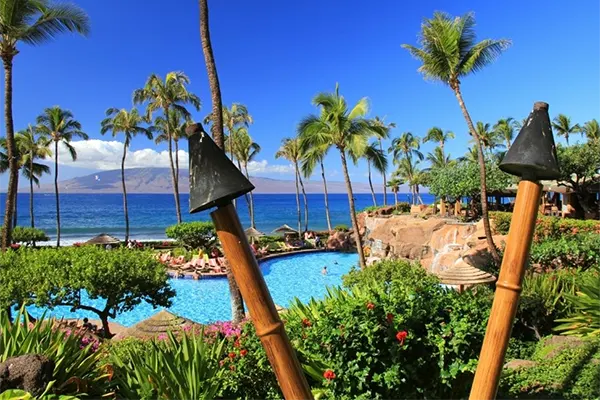 Tiki torches next to a pool.