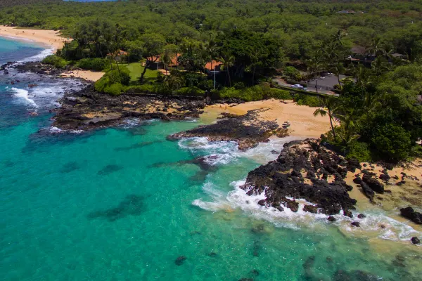 Aerial view of a beach in Maui. 