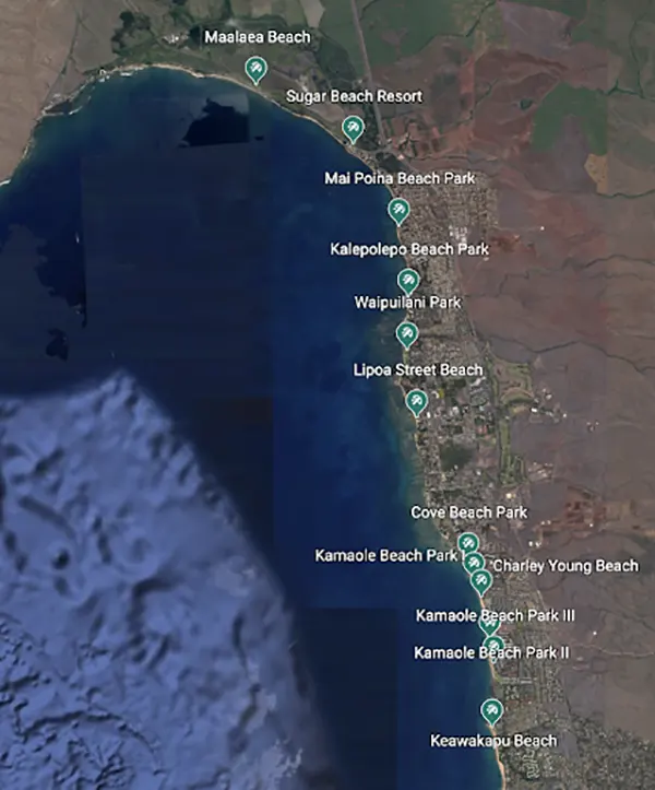 Map of beaches in Kihei. 