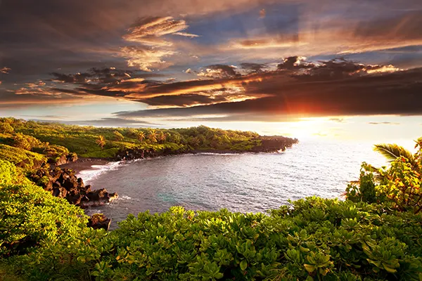 Aerial view of sunset in Maui. 