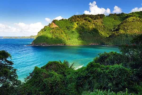 Beautiful views of Maui North coast, taken from famous winding Road to Hana. Hawaii, USA.