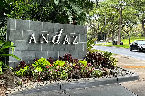 The sign outside the Andaz Maui in Maui, Hawaii. 