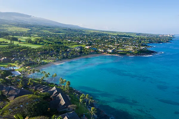 Aerial view over West Maui's coastline.