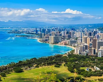 Skyline of Honolulu, Hawaii and the surrounding area including the hotels and buildings on Waikiki Beach