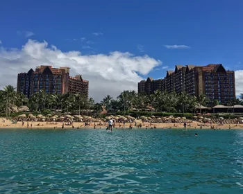 Aulani resort in Hawaii, taken from a paddle board in the lagoon surrounding aulani Disney resort mid day
