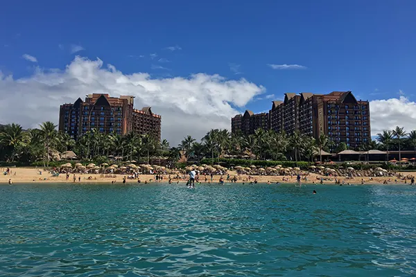 Aulani resort in Hawaii, taken from a paddle board in the lagoon surrounding aulani Disney resort mid day