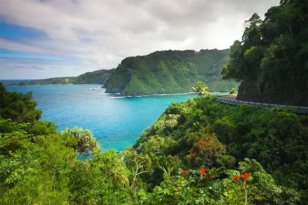 Highway winding through mountains of Maui with ocean in the background.