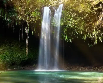 Twin falls in Maui, a waterfall pouring into a pool of water.