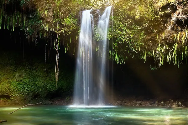Twin falls in Maui, a waterfall pouring into a pool of water. 