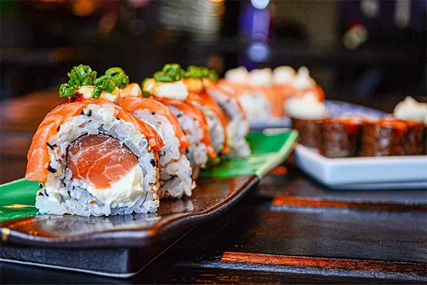 Close up shot of sushi on platter. 