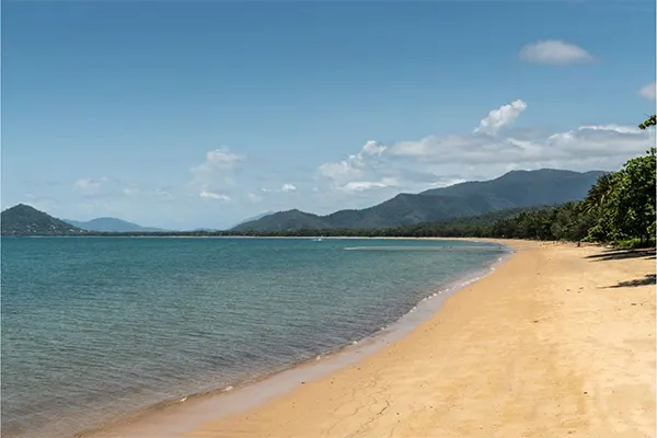 The beach, sand, calm ocean, and jungle mountains. 