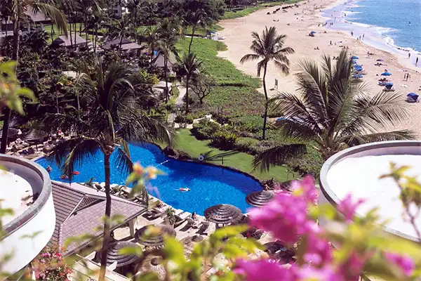 The pool at the Four Seasons Maui as seen from above. 