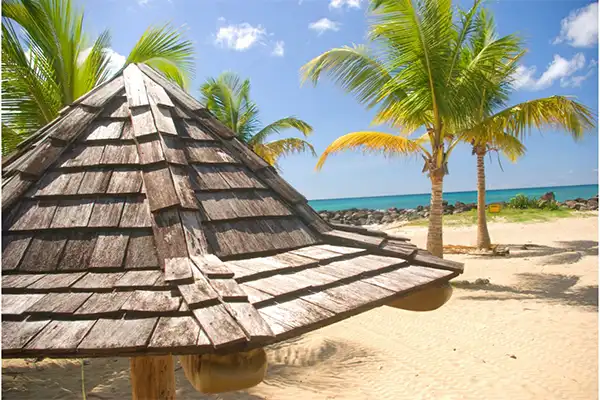 A wooden pavilion on Mokapu Beach. 