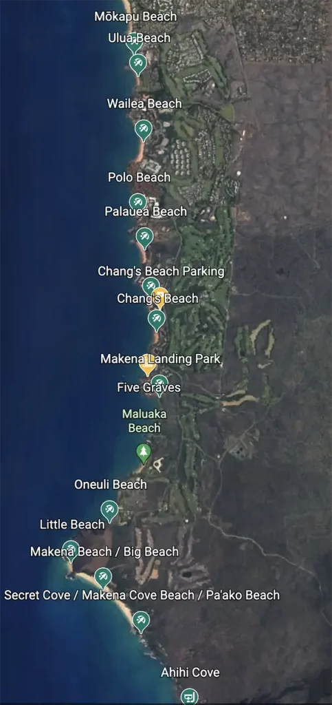 Google Maps overview of beaches in Wailea. 