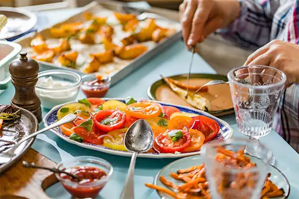 A platter of food on a table. 