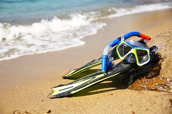 Snorkel gear laying on the beach near the tide in Maui. 