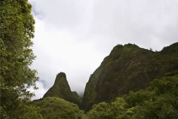 Iao Needle in the West Maui mountains on a cloudy day. 