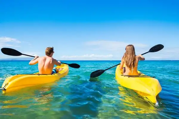 A man and woman in yellow kayaks in the ocean, kayaking.