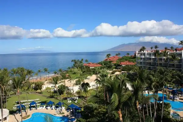 An aerial view of a resort in West Maui on a beautiful day. 