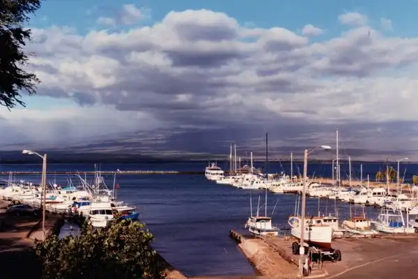 An older photo of Maalaea Harbor, boats in dock. 