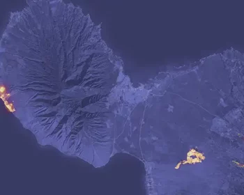 A satellite image of the wildfires on Maui, taken by NASA.